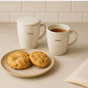 Pottery Barn Coffee House White Ceramic Tea Mug Infuser Lid Set